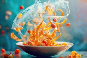 Orange Pasta with Tomato Slices Exploding into a White Bowl photo