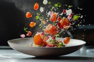 Fresh Salad Ingredients Falling into a White Bowl with Steam photo