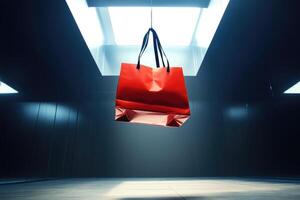 Red Shopping Bag Suspended in a Dark Room with a Single Overhead Light photo