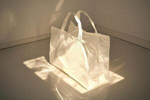 A White Plastic Bag Illuminated by Sunlight on a White Floor photo