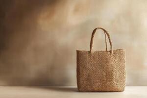 A Woven Straw Bag on a Wooden Surface photo