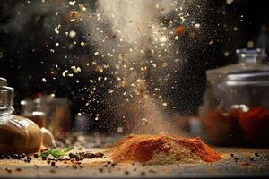 A Pile of Spices with a Burst of Flavor and a Touch of Greenery photo