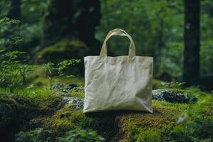 White Tote Bag Resting on Mossy Ground in a Forest photo