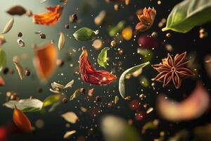 A Mix of Spices and Herbs in Mid-Air, Suspended Against a Dark Background photo