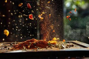 Spices and Herbs Falling onto a Dark Surface photo