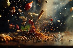 Spices and Herbs Exploding in Mid-Air with a Dust Cloud photo