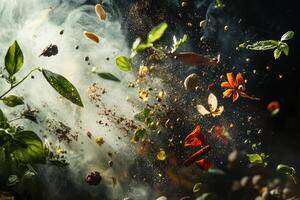 Spices, Herbs, and Smoke Exploding in Mid-Air photo