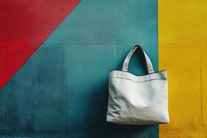 White Canvas Tote Bag Hanging on a Colorful Wall photo