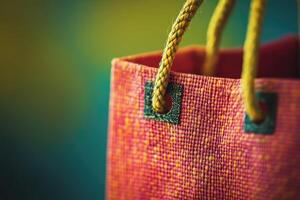 Close-up of a Red Woven Bag with Yellow Rope Handles photo