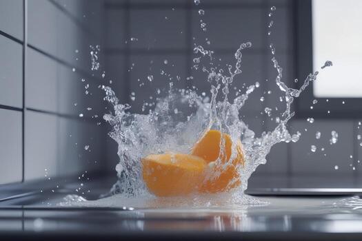 Orange Sliced in Half and Dropped into a Pool of Water Creating a Splash photo
