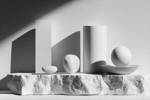 White Geometric Shapes and Stones on a Rough Stone Platform photo
