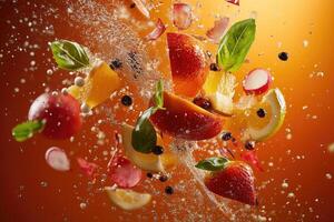 A Splash of Freshness Fruits, Vegetables, and Herbs Suspended in Water photo