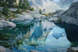 Mountainous Landscape Reflected in a Still, Turquoise Lake photo