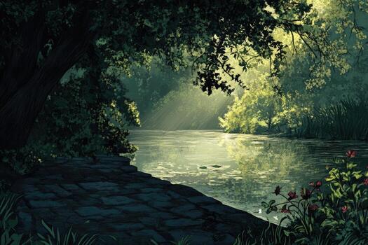 Sunbeams Filtering Through Trees Over A River photo