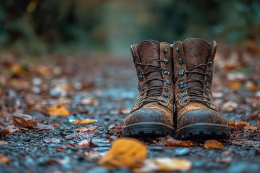 A Pair of Mud-Covered Hiking Boots on a Forest Path photo