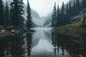 Foggy Mountain Lake with Silhouetted Pine Trees and Reflections photo
