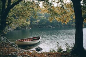 A lone wooden boat rests on a serene lake, framed by the branches of an autumnal tree. photo