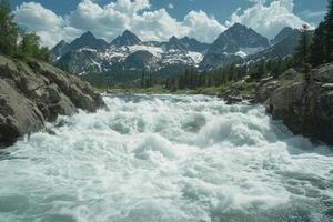 Foamy Rapids Flowing Through a Rocky Mountain Valley photo