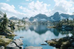 Serene Mountain Lake Surrounded by Rugged Peaks photo