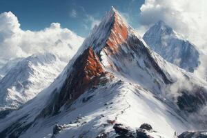 Snow-capped mountain peak with a winding path and hikers photo