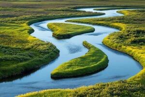 A Winding River Cutting Through Lush Green Grasslands photo