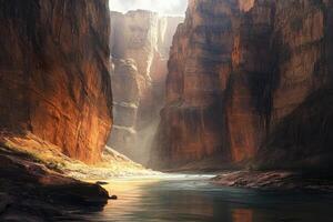 A River Flows Through a Narrow Canyon Formed by Tall Red Rock Cliffs photo