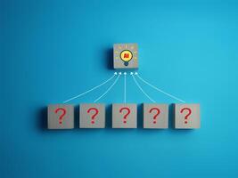 AI problem solving, AI light bulb on wooden block with question mark photo