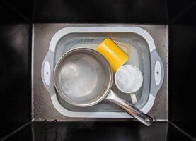 Dirty dishes in a sink basin with hot water and foam from an environmental oxygen cleaner. A modern product for removing dirt and stains. photo