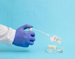 The hand of the doctor dentist on a blue background holds an anesthetic spray near the mock-up of a dental jaw with teeth. Local anesthesia concept in dentistry, copy space for text, photo
