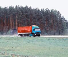 A trucker driver transports cargo on a truck with a semi-trailer in rainy weather against the backdrop of a forest. Copy space for text photo