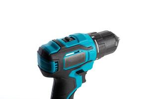 Modern cordless drill-driver on a white background, isolate. Modern screwdriver with quick-release chuck. Copy space for text photo