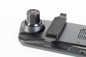 Car mirror with rear view camera and recorder on a white background, isolate, close-up photo