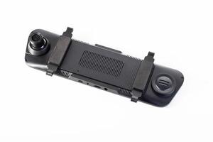 Car mirror with rear view camera and recorder on a white background, isolate, close-up photo