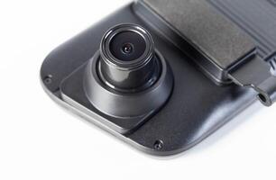 Car mirror with rear view camera and recorder on a white background, isolate, close-up photo