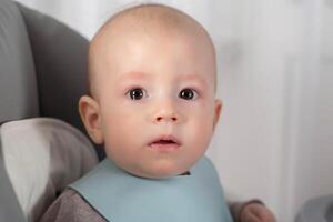 A small child at the age of 8 months is frightened and looks at the camera. The concept of taking medications in children with diseases. Copy space for text photo