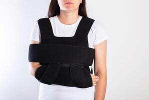 A girl in a medical brace on the shoulder joint for rehabilitation after a collarbone fracture and dislocation. Shoulder sprain, acromioclavicular joint photo