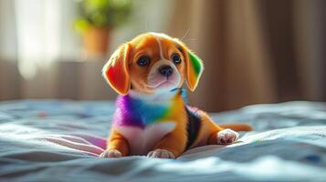 A charming puppy with a rainbow pattern on its fur relaxes on a cozy bed, enjoying the sunlight photo