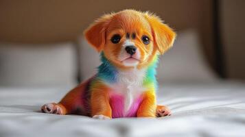 A charming rainbow-furred puppy sits on a soft bed, radiating joy in a peaceful setting photo