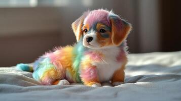 A vibrant, multicolored puppy sits gracefully on a cozy surface, radiating joy and curiosity photo