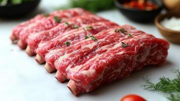 Succulent beef ribs lie on a marble surface, garnished with fresh herbs, ready for cooking photo