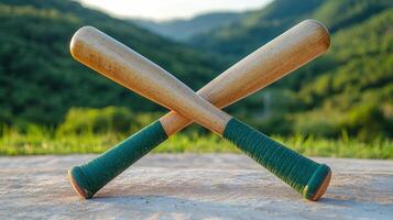 Two wooden baseball bats intersect on a textured surface, set against lush hills under a clear sky photo