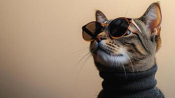A confident tabby cat wearing sunglasses and a cozy sweater, posing against a warm backdrop photo