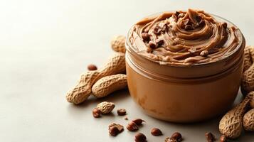 Spoonfuls of creamy peanut butter await indulgence beside crunchy peanuts and chocolate morsels photo