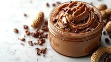 A jar of rich peanut butter swirled with chocolate sits on marble, surrounded by peanuts and cocoa photo