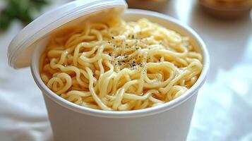 Savory noodles sit in a white container, inviting anyone to enjoy a quick, satisfying meal photo