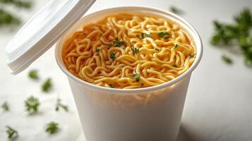 Savory noodles overflow from a white takeout container, inviting hunger to awaken photo