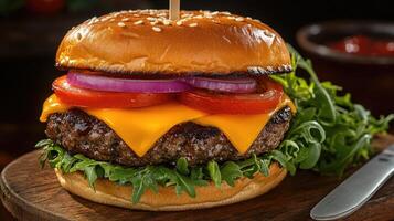 Juicy cheeseburger with fresh veggies and melted cheese, bursting with rustic flavor photo