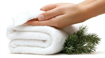 A hand gently places a fresh towel beside an elegant sprig of greenery, enhancing relaxation photo