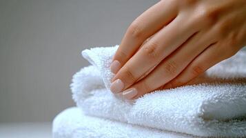 A gentle hand glides over freshly folded white towels, showcasing tranquility and cleanliness photo