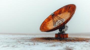 A large satellite dish looms in a snowy field, shrouded in fog, evoking a sense of isolation photo
